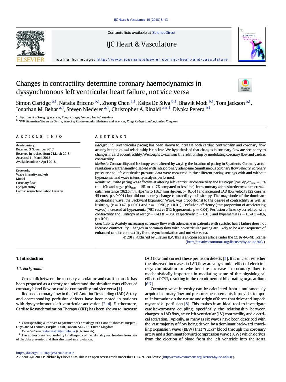 Changes in contractility determine coronary haemodynamics in dyssynchronous left ventricular heart failure, not vice versa