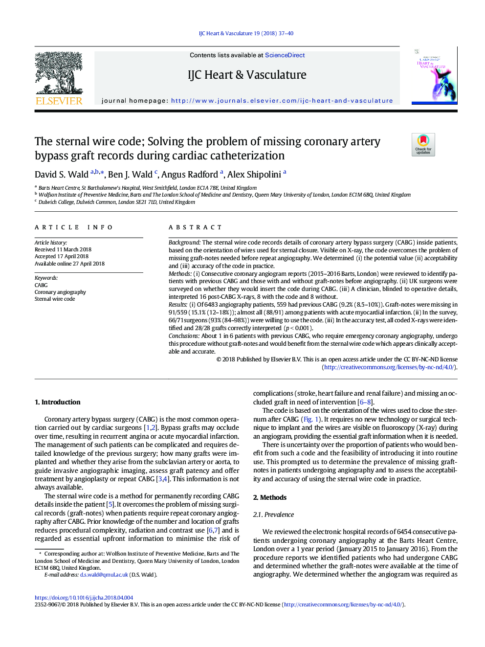 The sternal wire code; Solving the problem of missing coronary artery bypass graft records during cardiac catheterization