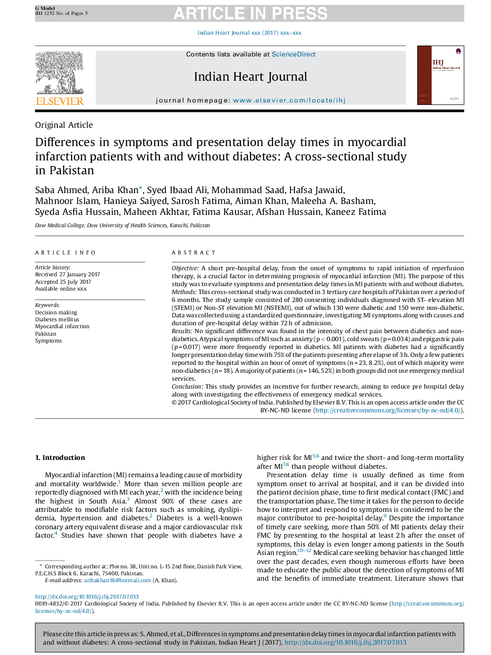 Differences In Symptoms And Presentation Delay Times In Myocardial Infarction Patients With And Without Diabetes A Cross Sectio