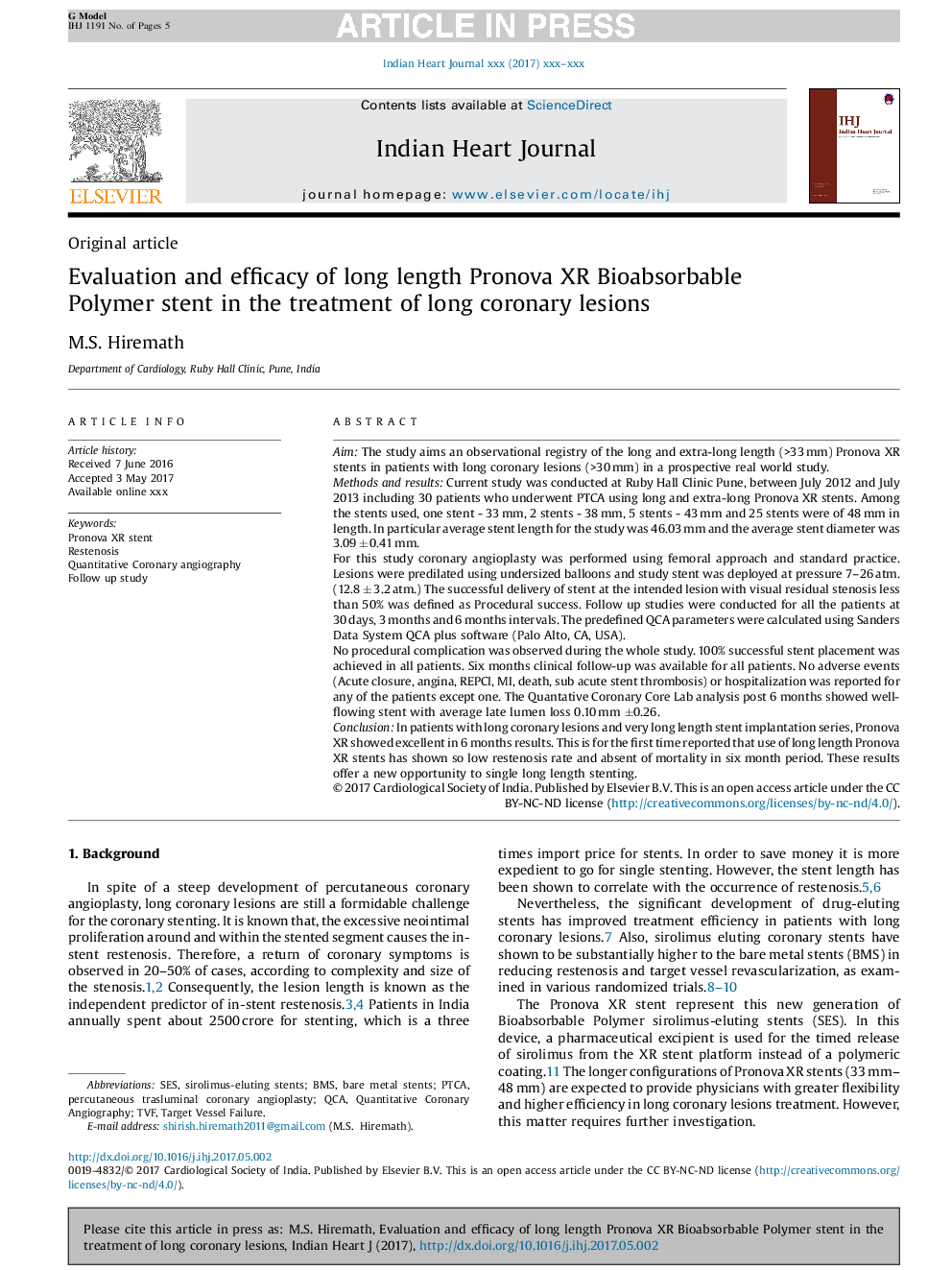 Evaluation and efficacy of long length Pronova XR Bioabsorbable Polymer stent in the treatment of long coronary lesions