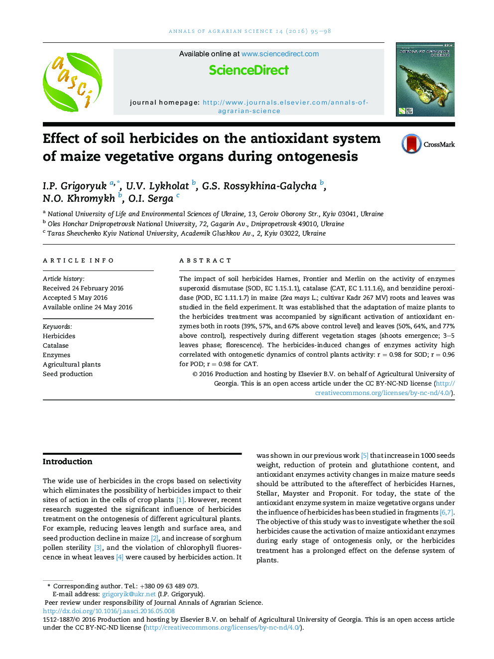 Effect of soil herbicides on the antioxidant system of maize vegetative organs during ontogenesis 