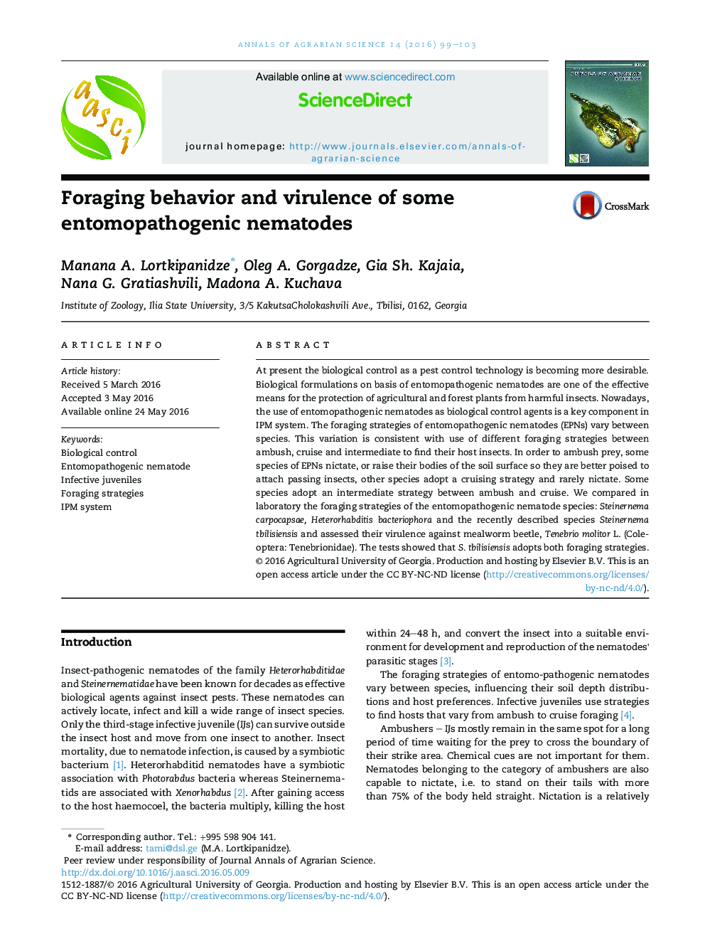 Foraging behavior and virulence of some entomopathogenic nematodes 