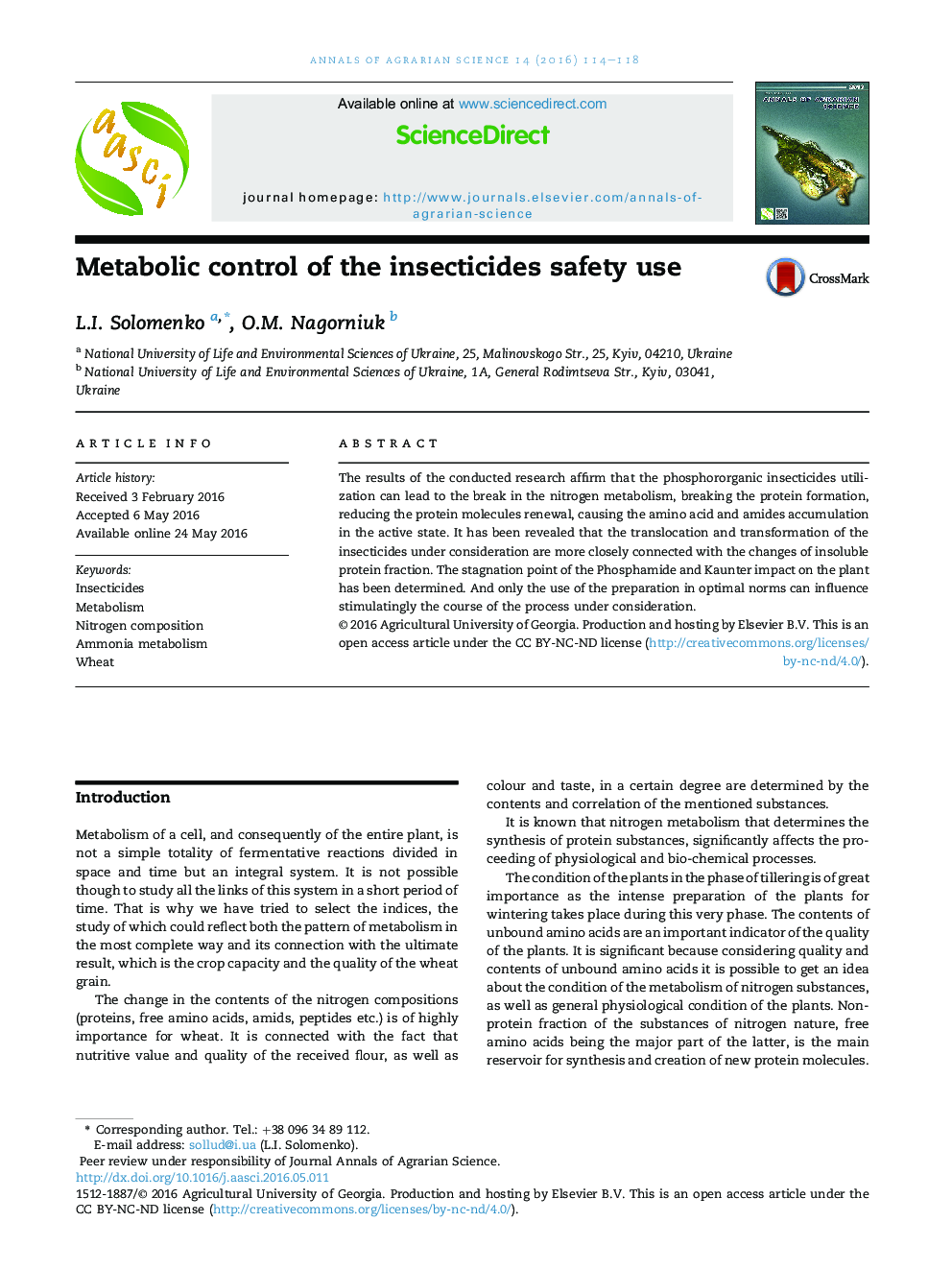 Metabolic control of the insecticides safety use 