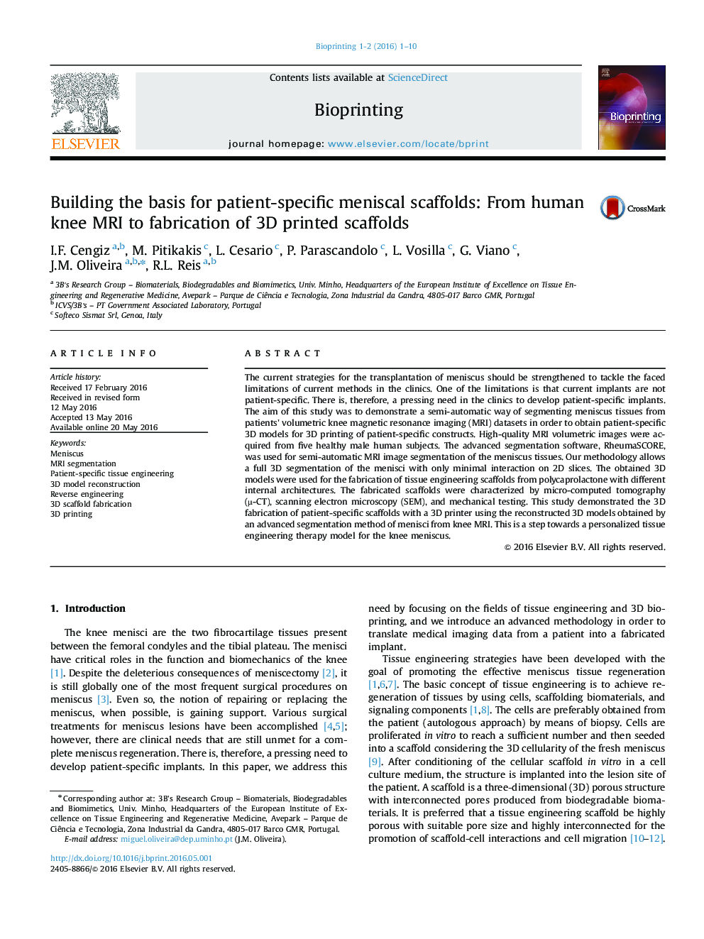 Building the basis for patient-specific meniscal scaffolds: From human knee MRI to fabrication of 3D printed scaffolds