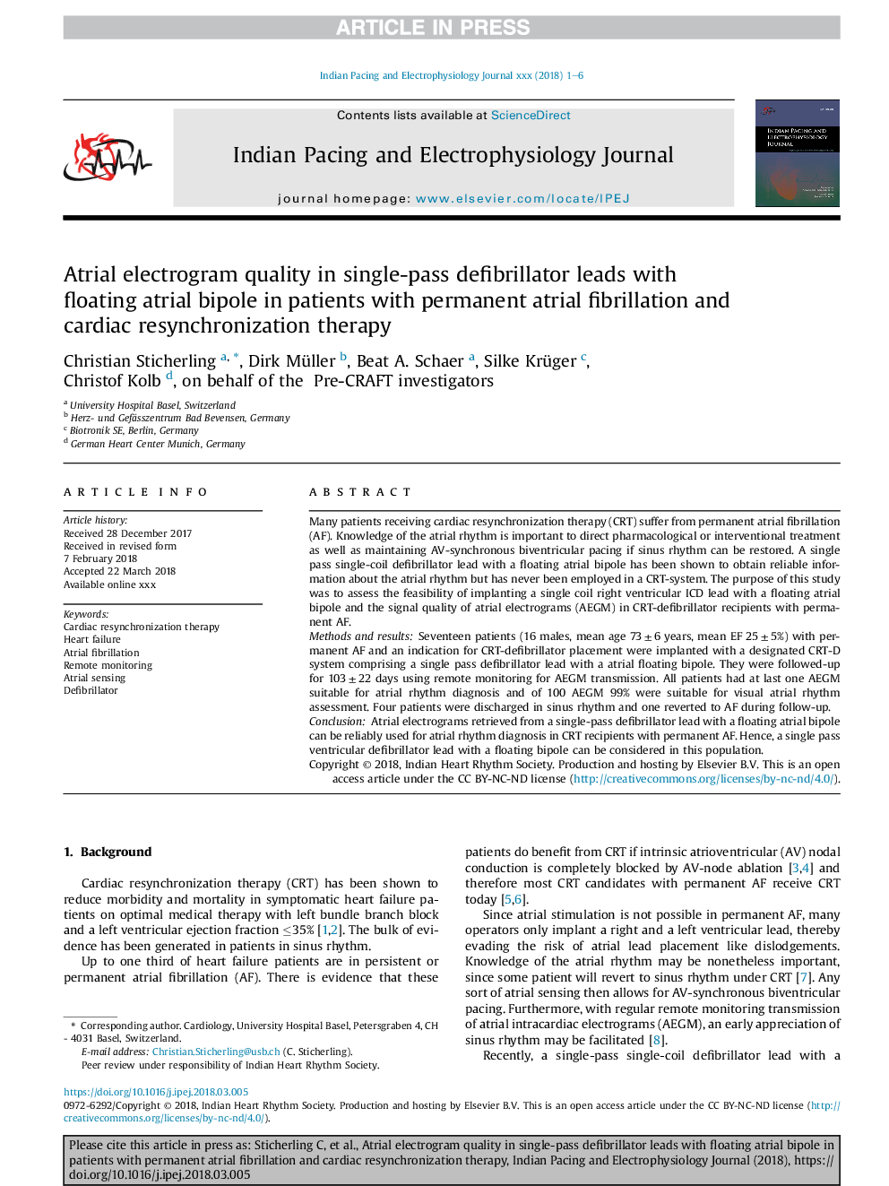 Atrial electrogram quality in single-pass defibrillator leads with floating atrial bipole in patients with permanent atrial fibrillation and cardiac resynchronization therapy