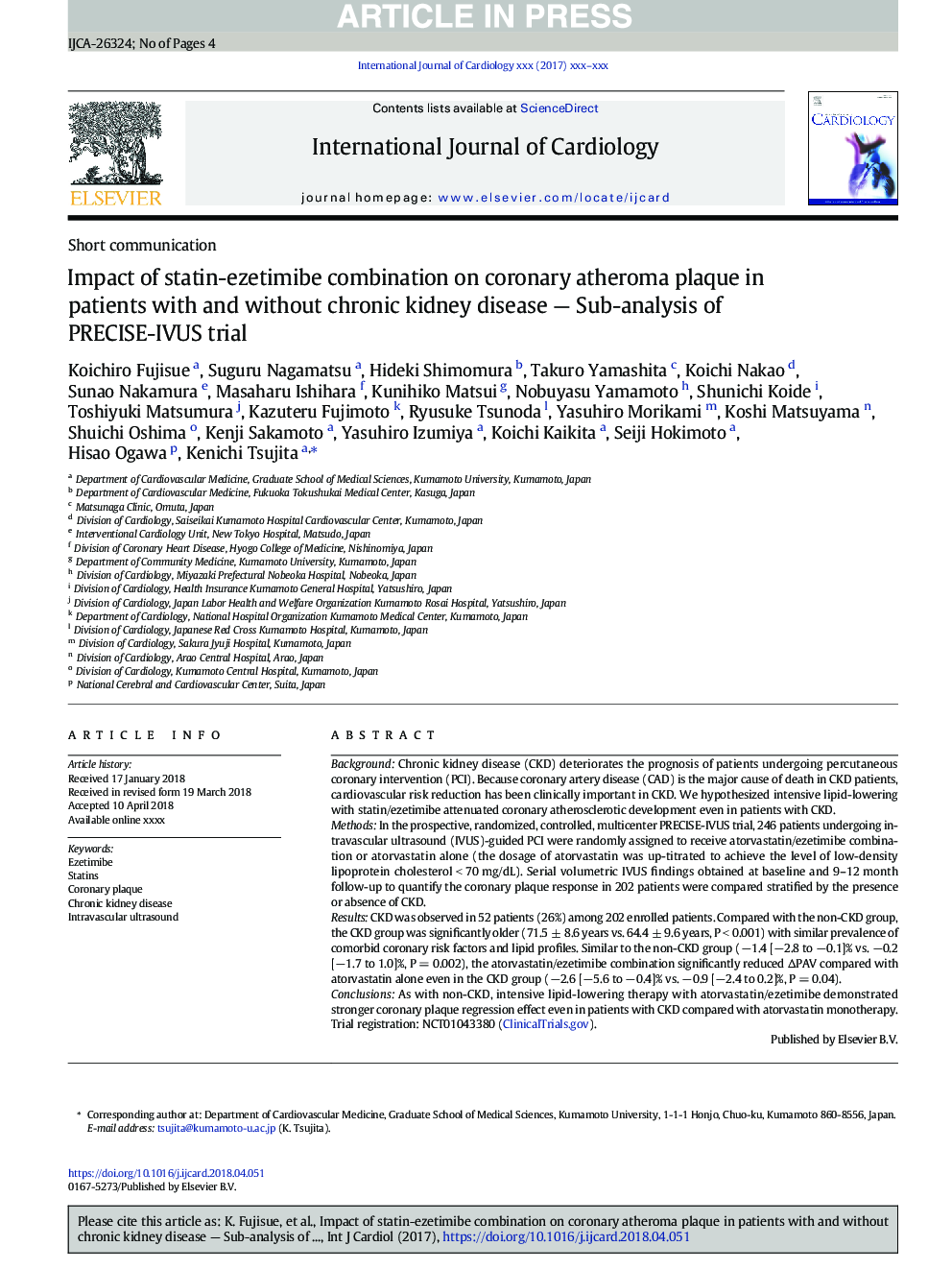 Impact of statin-ezetimibe combination on coronary atheroma plaque in patients with and without chronic kidney disease - Sub-analysis of PRECISE-IVUS trial