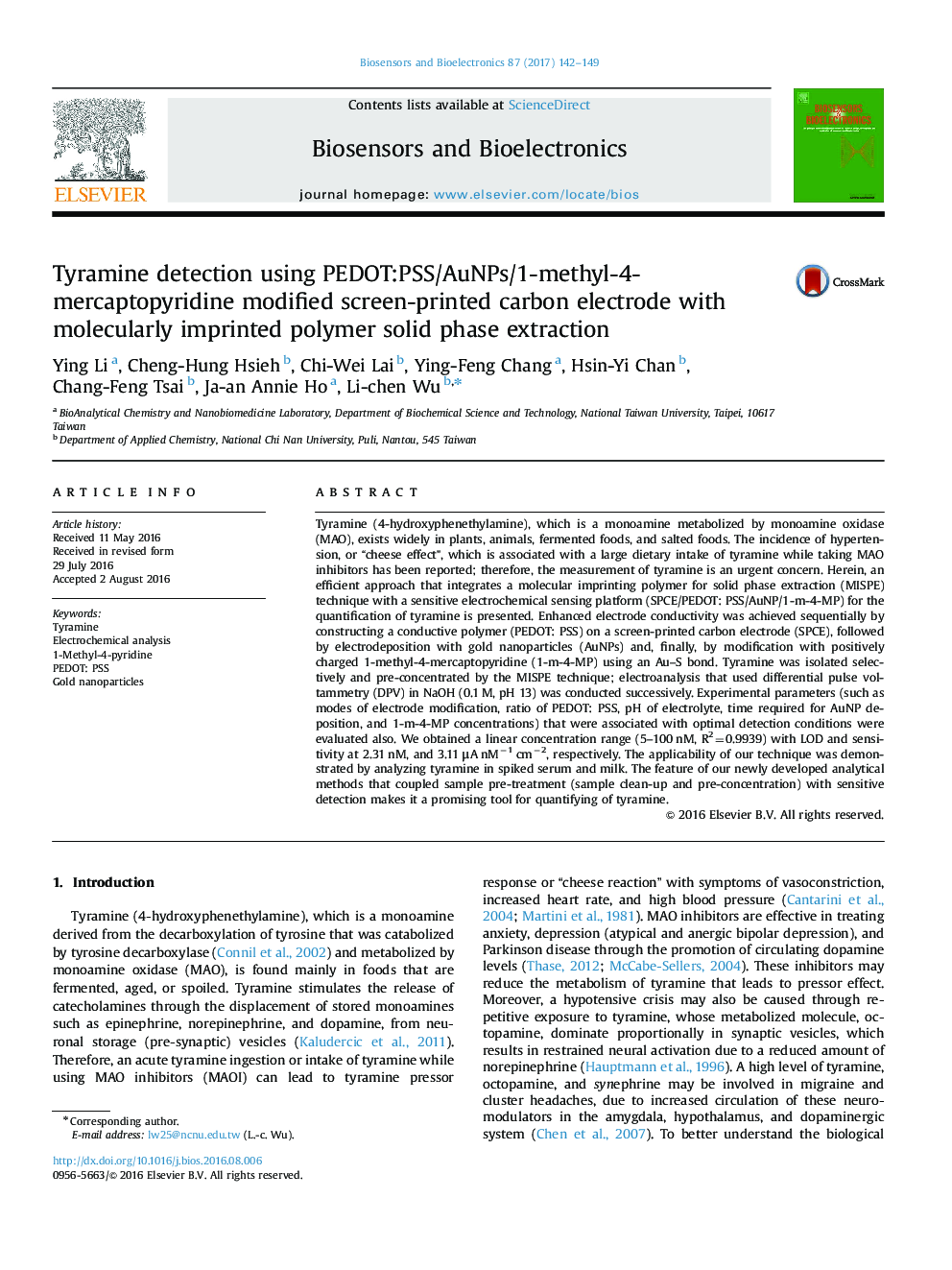 تشخیص تیرامین با استفاده از الکترود کربن پرینت صفحه نمایش اصلاح شده PEDOT:PSS/AuNPs/1-methyl-4-mercaptopyridine با استخراج فاز جامد پلیمر حکاکی مولکولی 