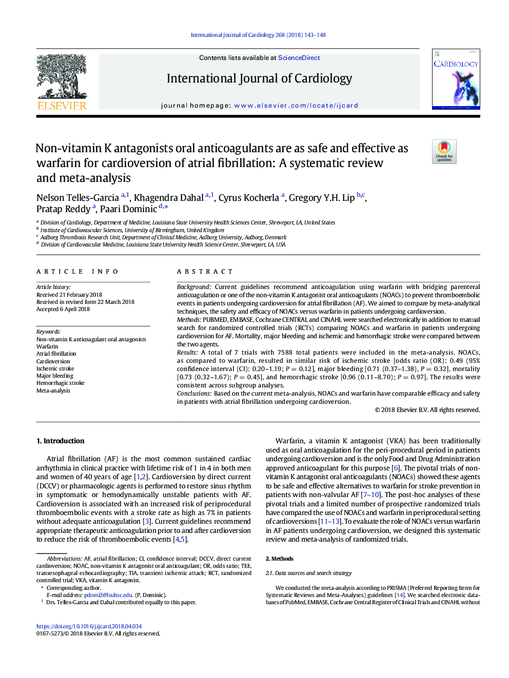 Non-vitamin K antagonists oral anticoagulants are as safe and effective as warfarin for cardioversion of atrial fibrillation: A systematic review and meta-analysis