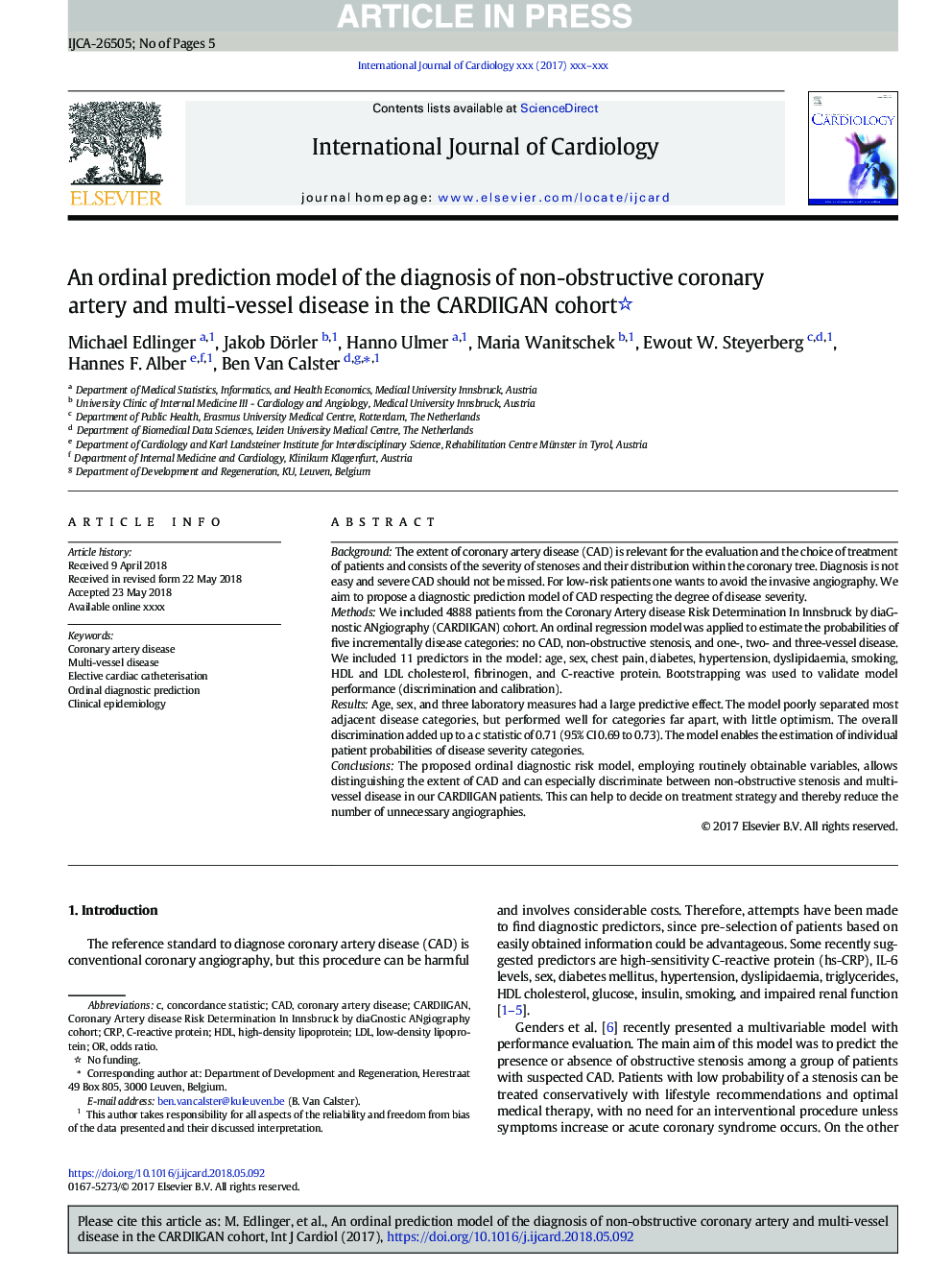 An ordinal prediction model of the diagnosis of non-obstructive coronary artery and multi-vessel disease in the CARDIIGAN cohort