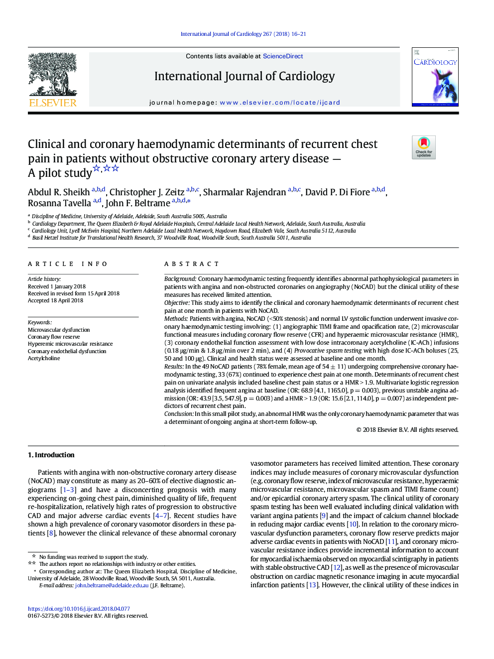 Clinical and coronary haemodynamic determinants of recurrent chest pain in patients without obstructive coronary artery disease - A pilot study