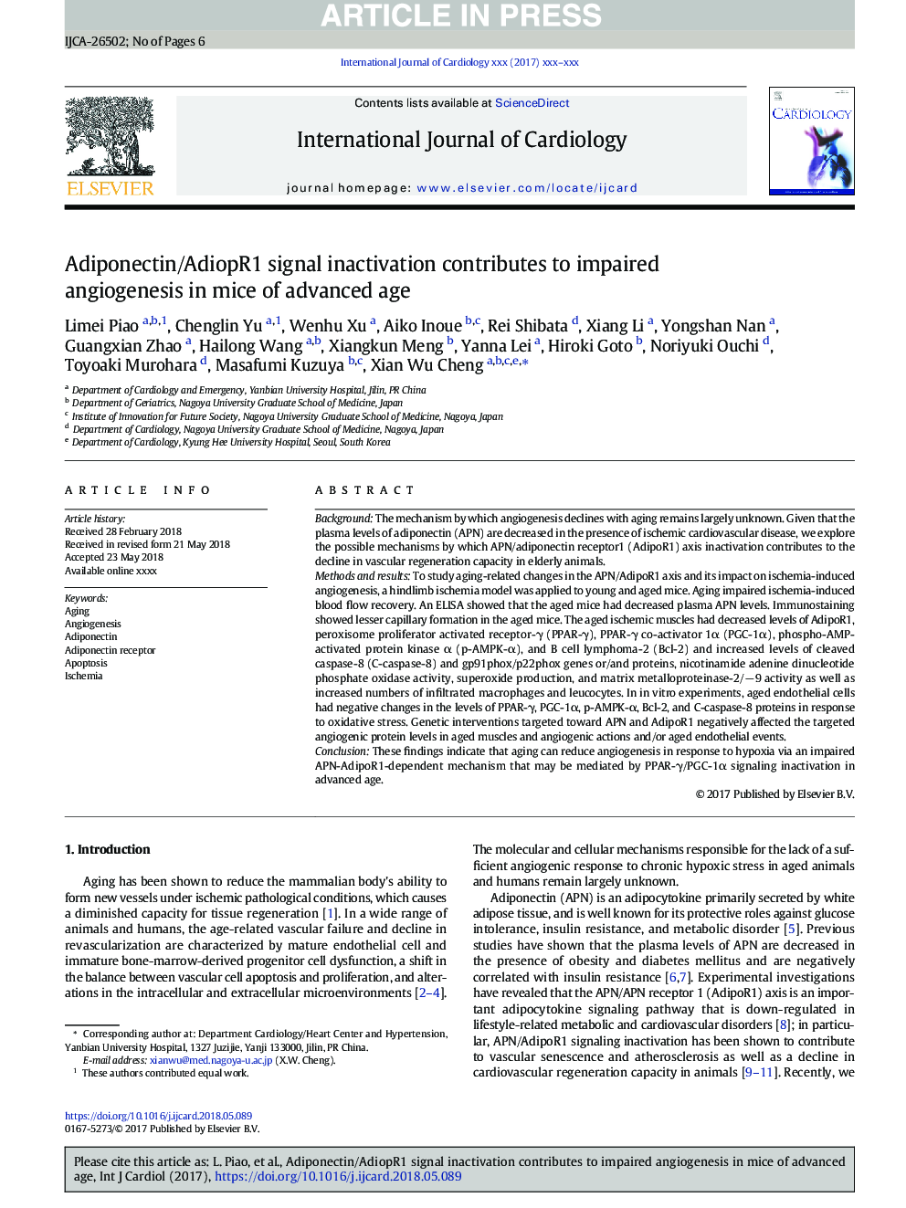 Adiponectin/AdiopR1 signal inactivation contributes to impaired angiogenesis in mice of advanced age