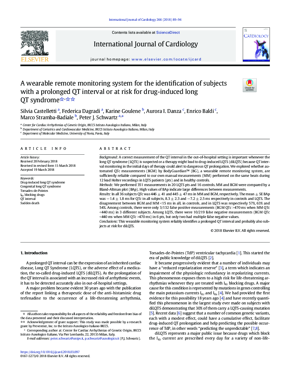 A wearable remote monitoring system for the identification of subjects with a prolonged QT interval or at risk for drug-induced long QT syndrome