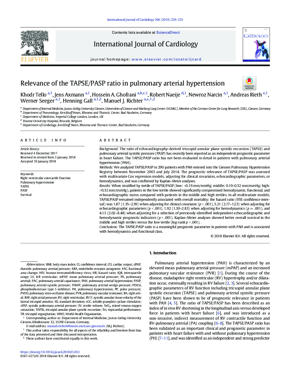 Relevance of the TAPSE/PASP ratio in pulmonary arterial hypertension