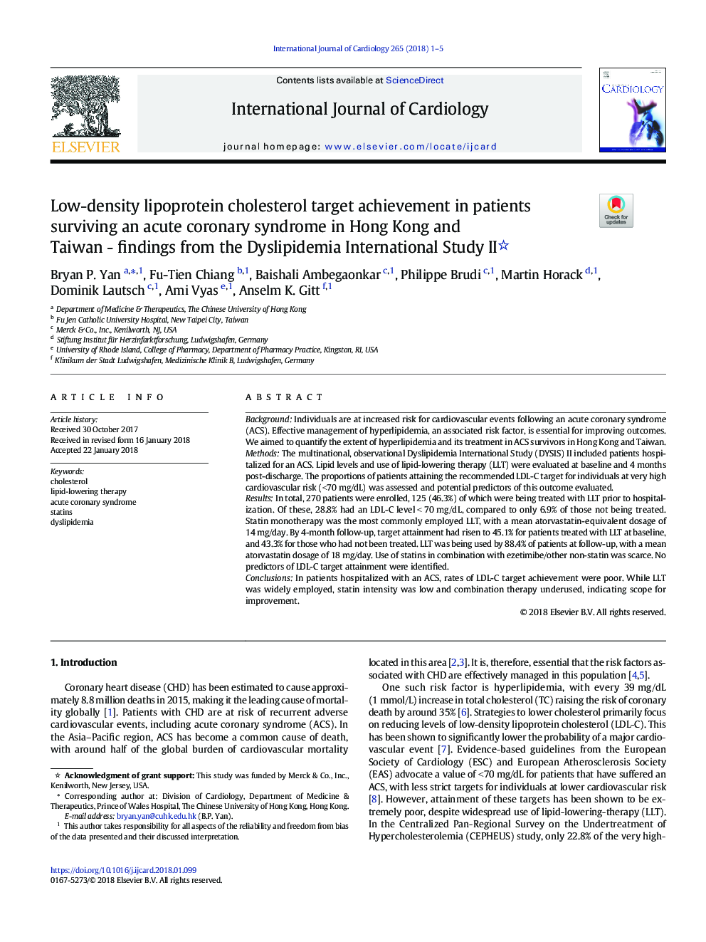 Low-density lipoprotein cholesterol target achievement in patients surviving an acute coronary syndrome in Hong Kong and Taiwan - findings from the Dyslipidemia International Study II