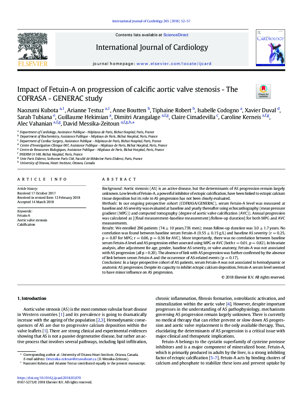 Impact of Fetuin-A on progression of calcific aortic valve stenosis - The COFRASA - GENERAC study