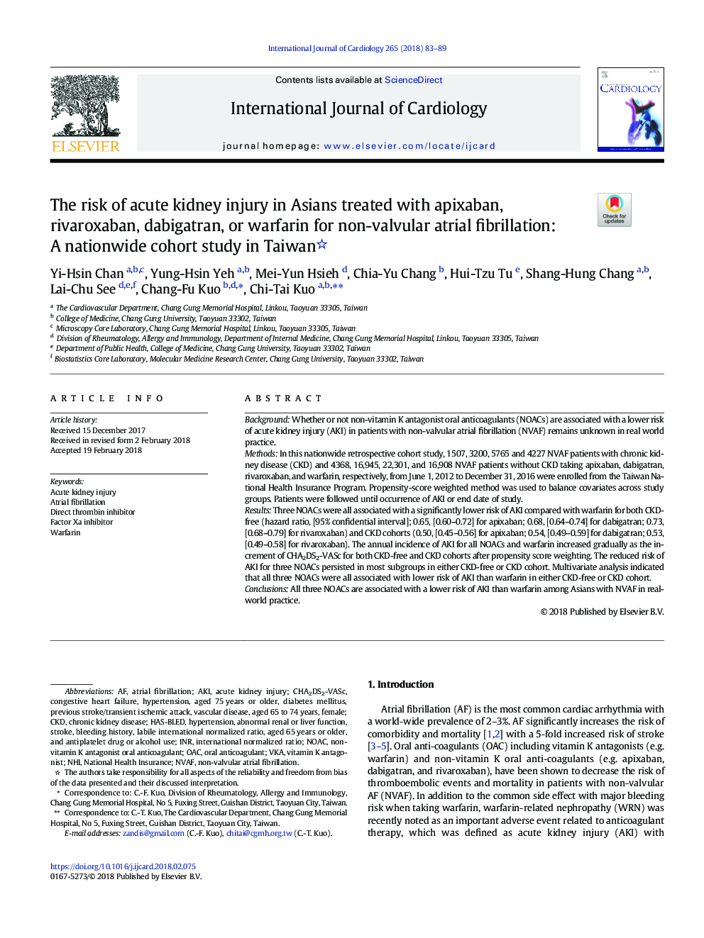 The risk of acute kidney injury in Asians treated with apixaban, rivaroxaban, dabigatran, or warfarin for non-valvular atrial fibrillation: A nationwide cohort study in Taiwan