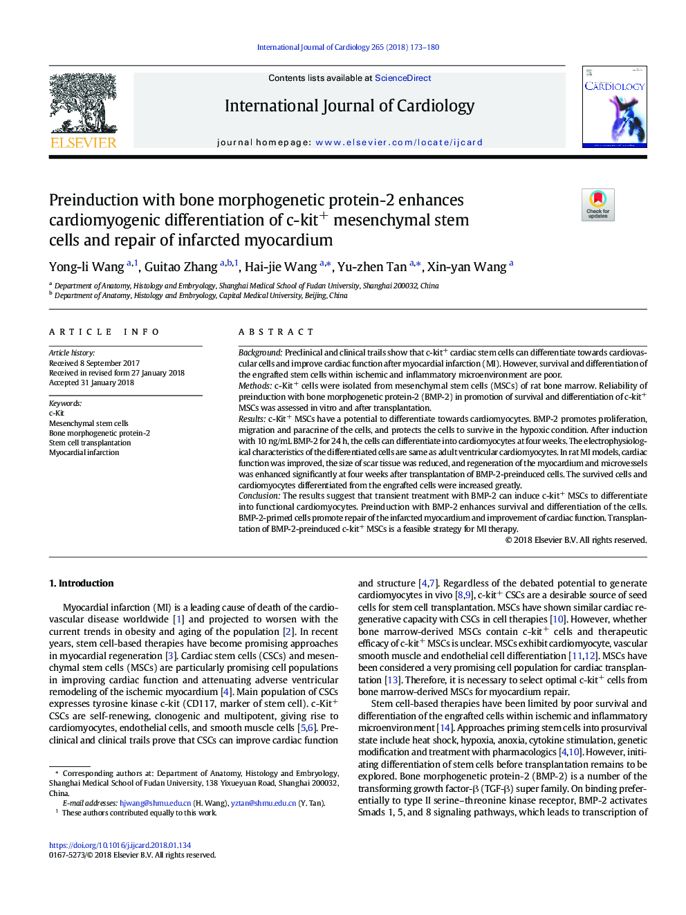 Preinduction with bone morphogenetic protein-2 enhances cardiomyogenic differentiation of c-kit+ mesenchymal stem cells and repair of infarcted myocardium