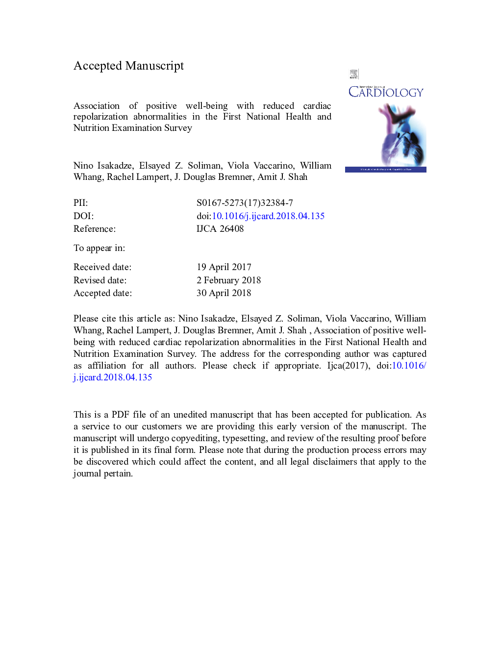 Association of positive well-being with reduced cardiac repolarization abnormalities in the First National Health and Nutrition Examination Survey