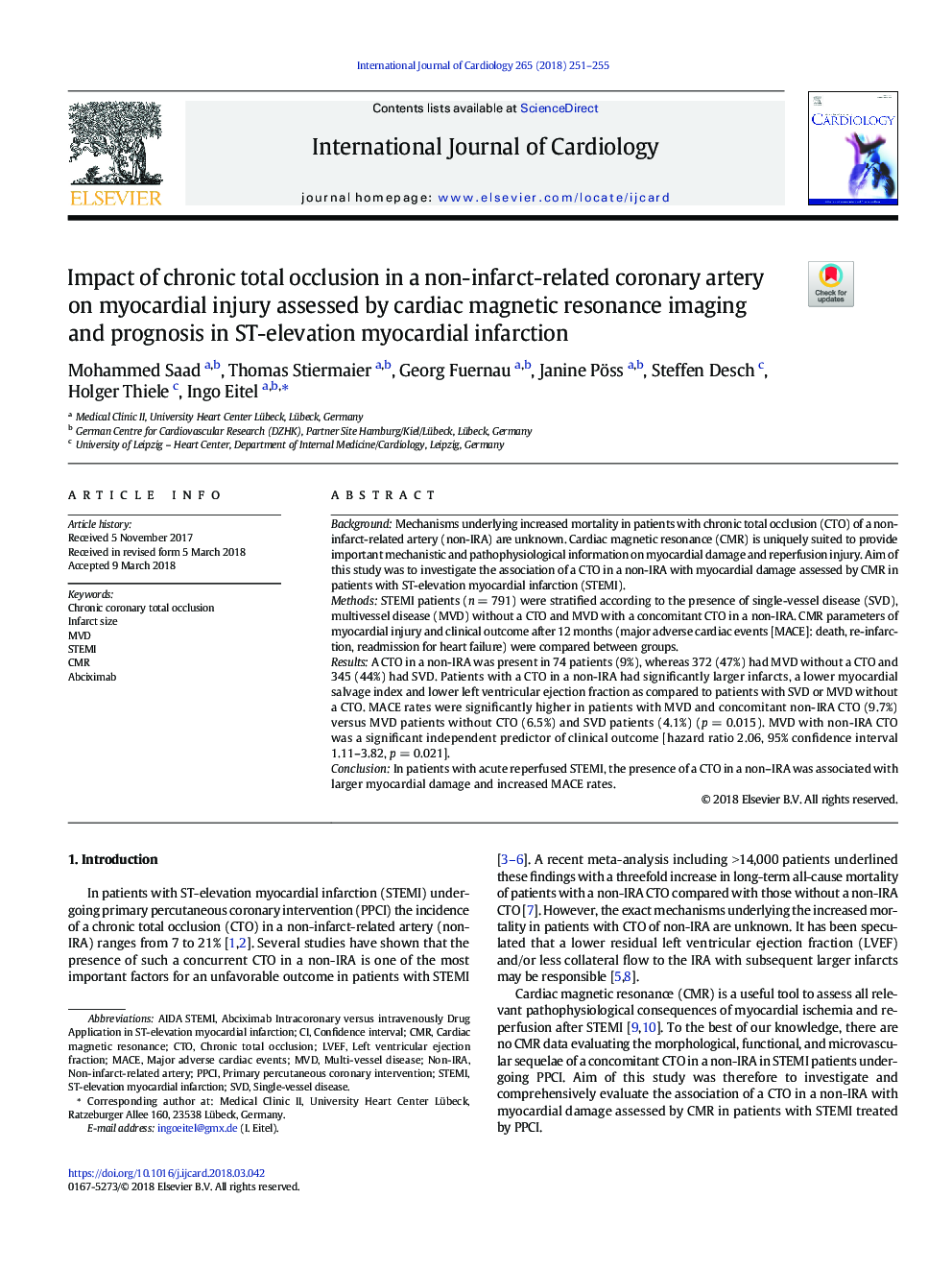 Impact of chronic total occlusion in a non-infarct-related coronary artery on myocardial injury assessed by cardiac magnetic resonance imaging and prognosis in ST-elevation myocardial infarction