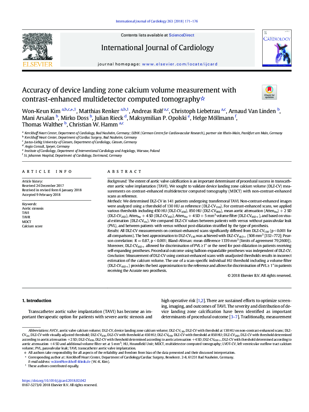 Accuracy of device landing zone calcium volume measurement with contrast-enhanced multidetector computed tomography