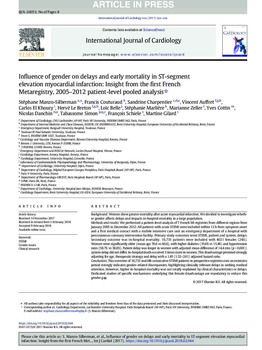 Influence of gender on delays and early mortality in ST-segment elevation myocardial infarction: Insight from the first French Metaregistry, 2005-2012 patient-level pooled analysis