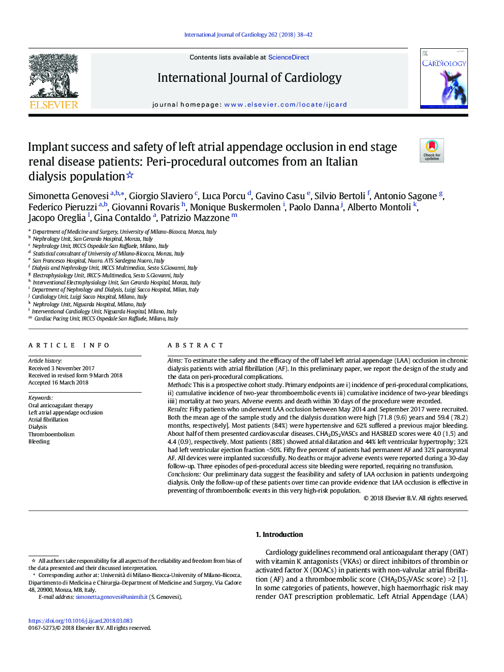 Implant success and safety of left atrial appendage occlusion in end stage renal disease patients: Peri-procedural outcomes from an Italian dialysis population