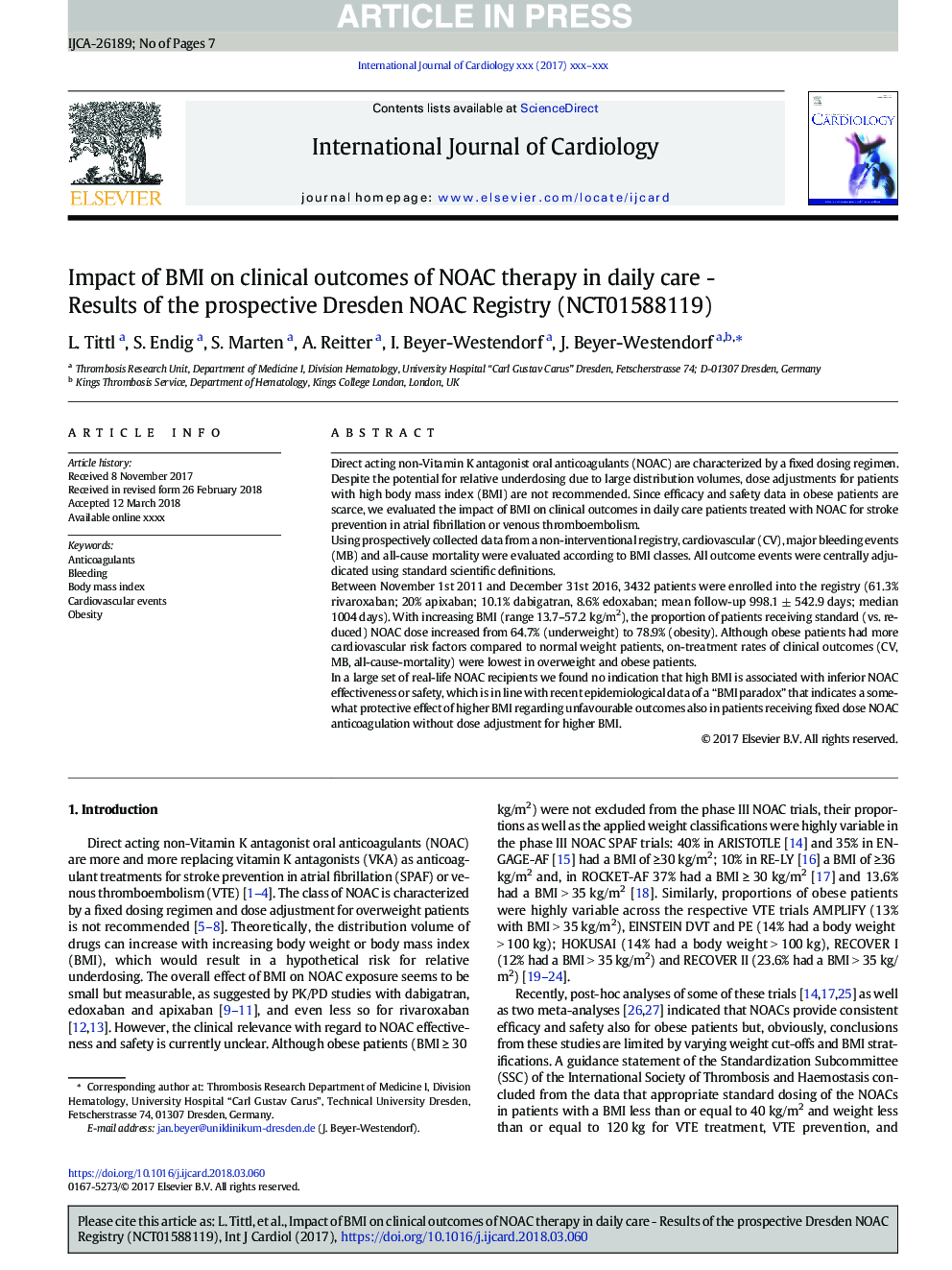 Impact of BMI on clinical outcomes of NOAC therapy in daily care - Results of the prospective Dresden NOAC Registry (NCT01588119)