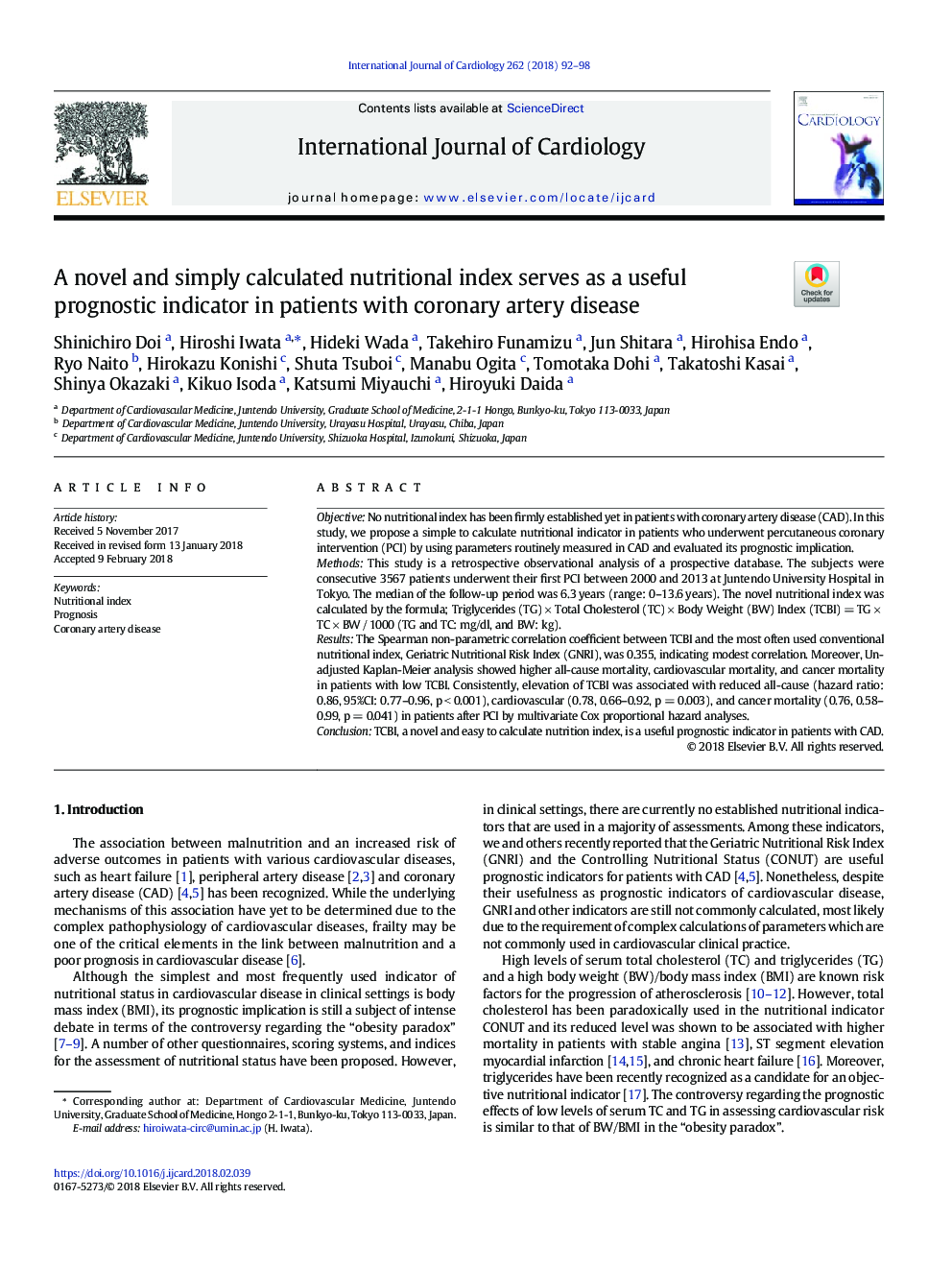 A novel and simply calculated nutritional index serves as a useful prognostic indicator in patients with coronary artery disease