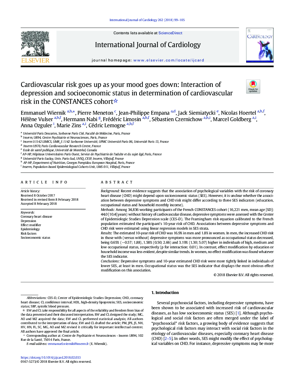 Cardiovascular risk goes up as your mood goes down: Interaction of depression and socioeconomic status in determination of cardiovascular risk in the CONSTANCES cohort