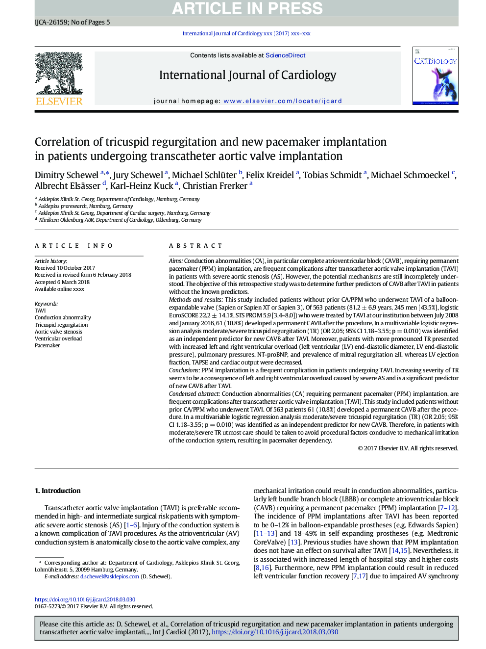 Correlation of tricuspid regurgitation and new pacemaker implantation in patients undergoing transcatheter aortic valve implantation