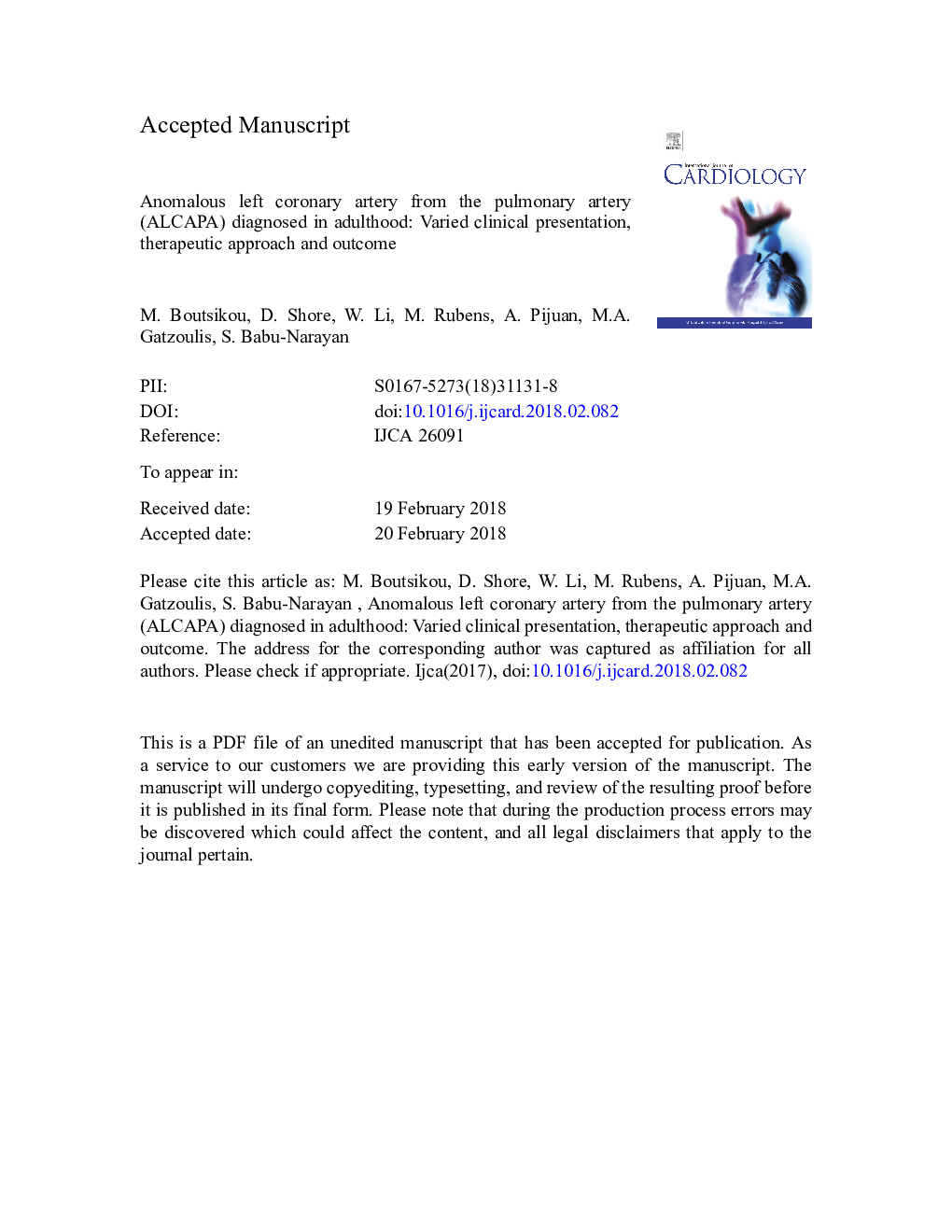 Anomalous left coronary artery from the pulmonary artery (ALCAPA) diagnosed in adulthood: Varied clinical presentation, therapeutic approach and outcome