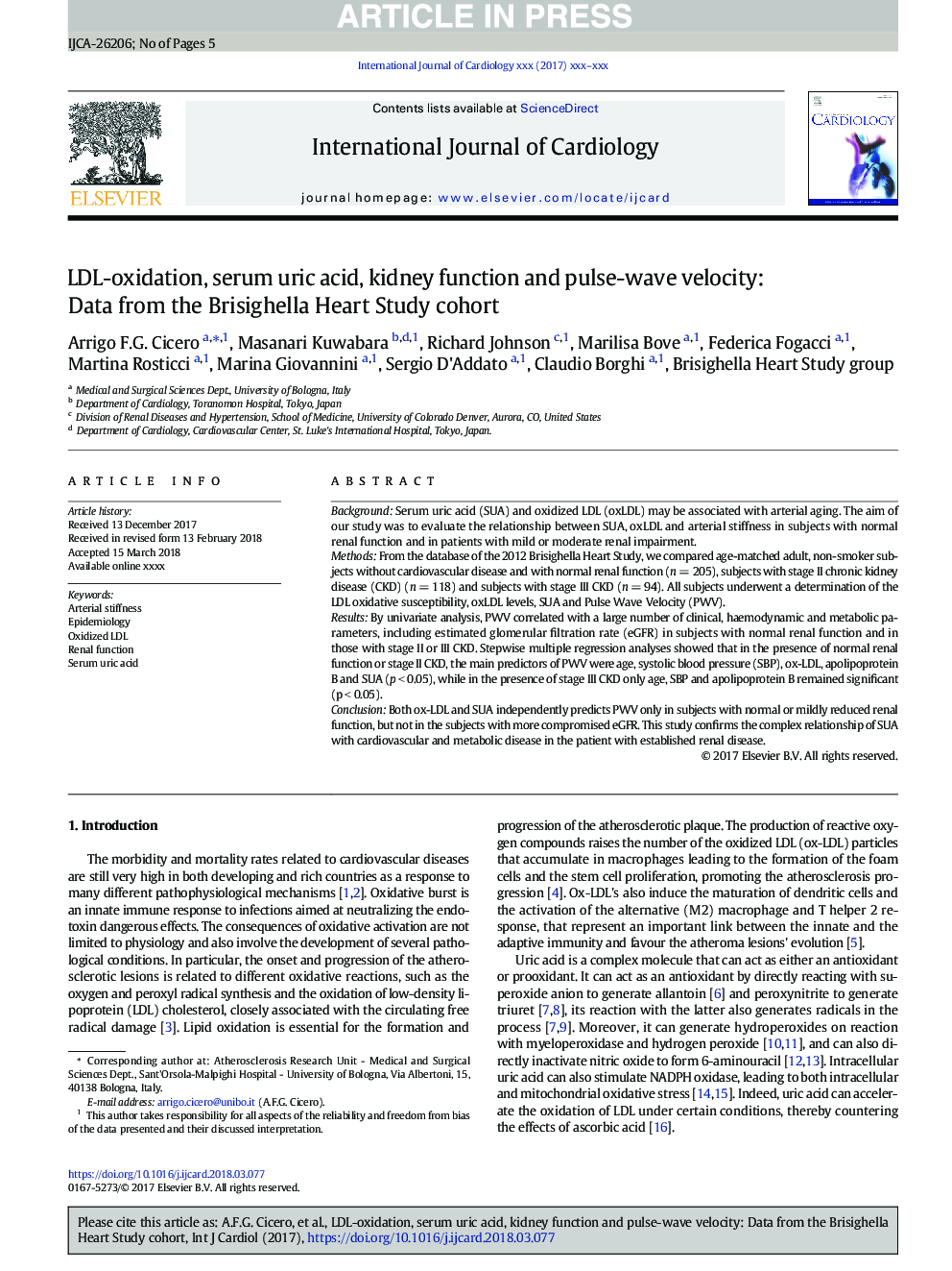 LDL-oxidation, serum uric acid, kidney function and pulse-wave velocity: Data from the Brisighella Heart Study cohort