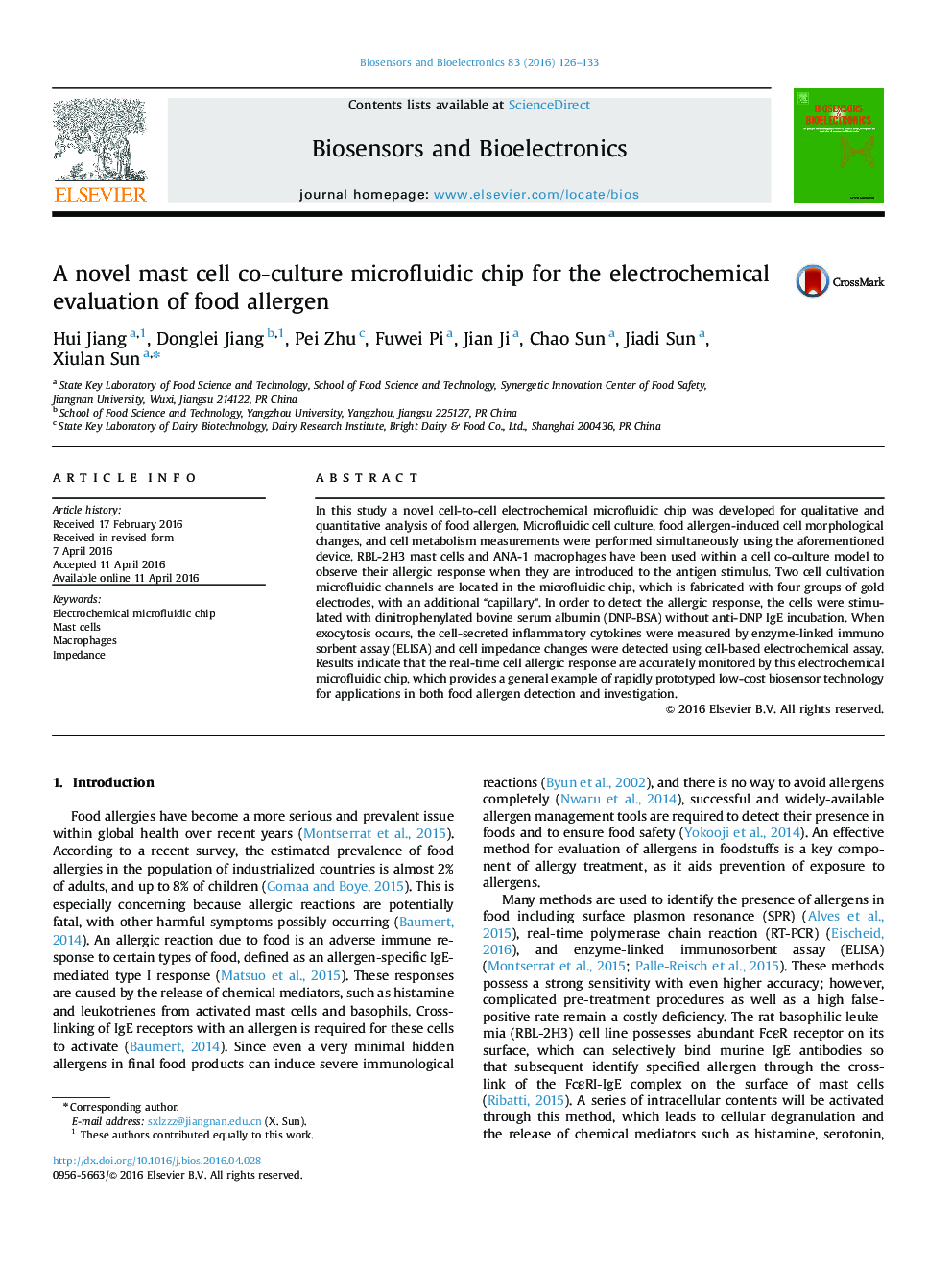 A novel mast cell co-culture microfluidic chip for the electrochemical evaluation of food allergen