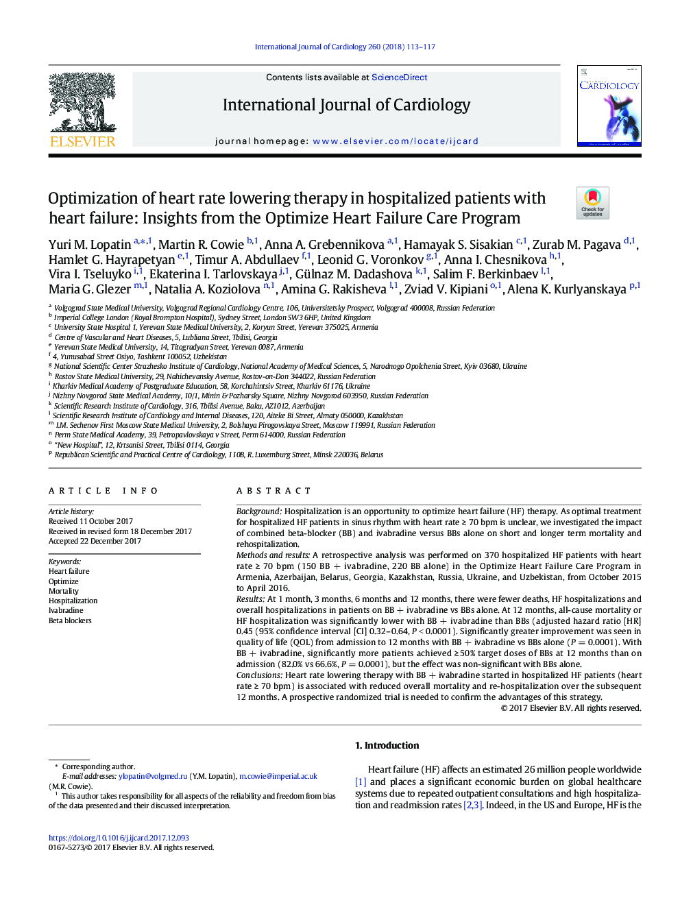 Optimization of heart rate lowering therapy in hospitalized patients with heart failure: Insights from the Optimize Heart Failure Care Program