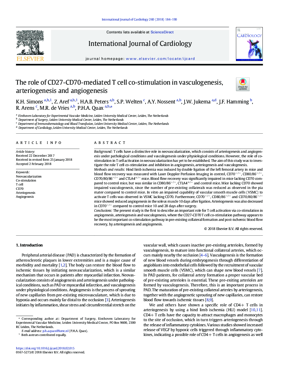 The role of CD27-CD70-mediated T cell co-stimulation in vasculogenesis, arteriogenesis and angiogenesis