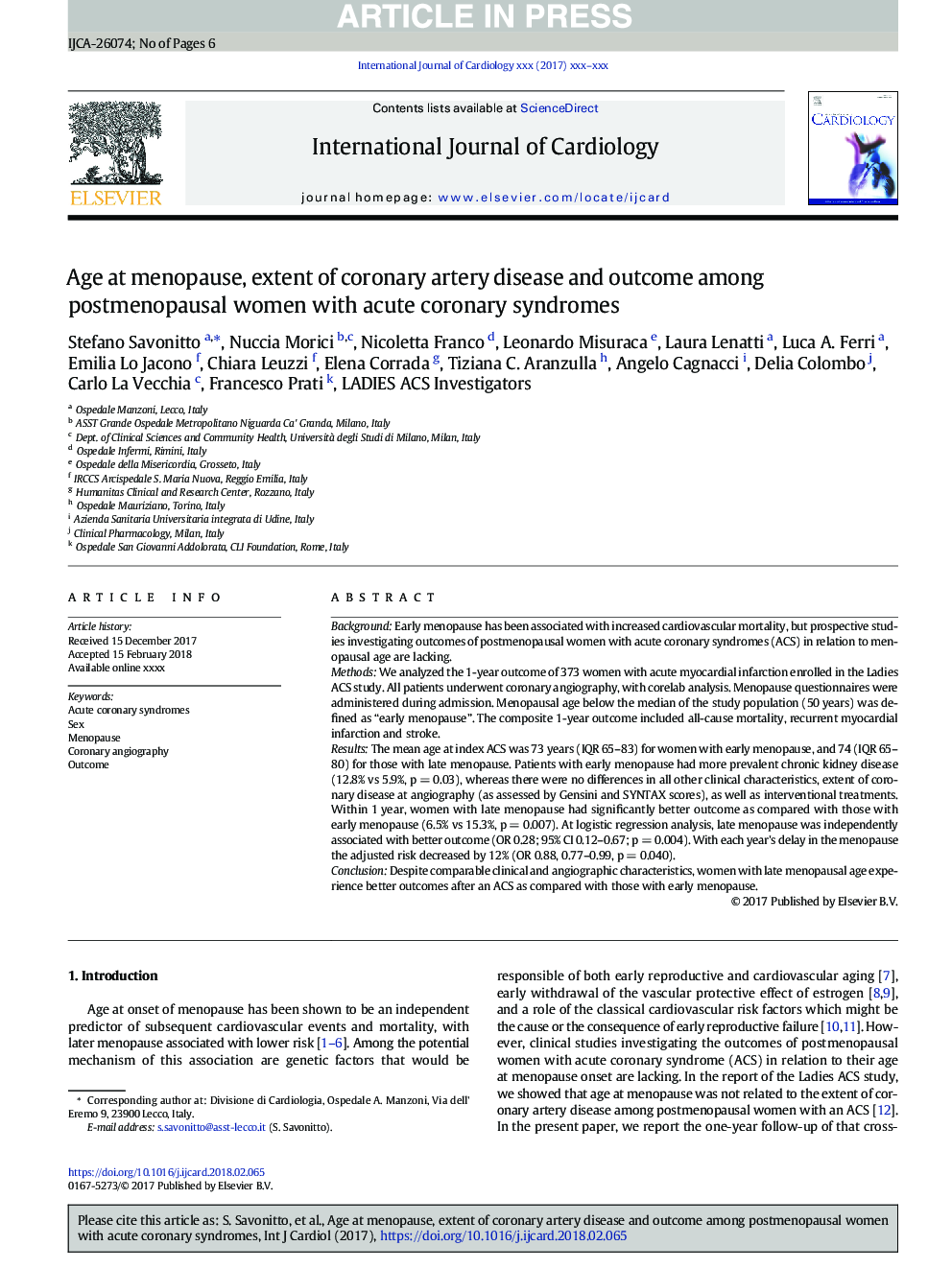 Age at menopause, extent of coronary artery disease and outcome among postmenopausal women with acute coronary syndromes