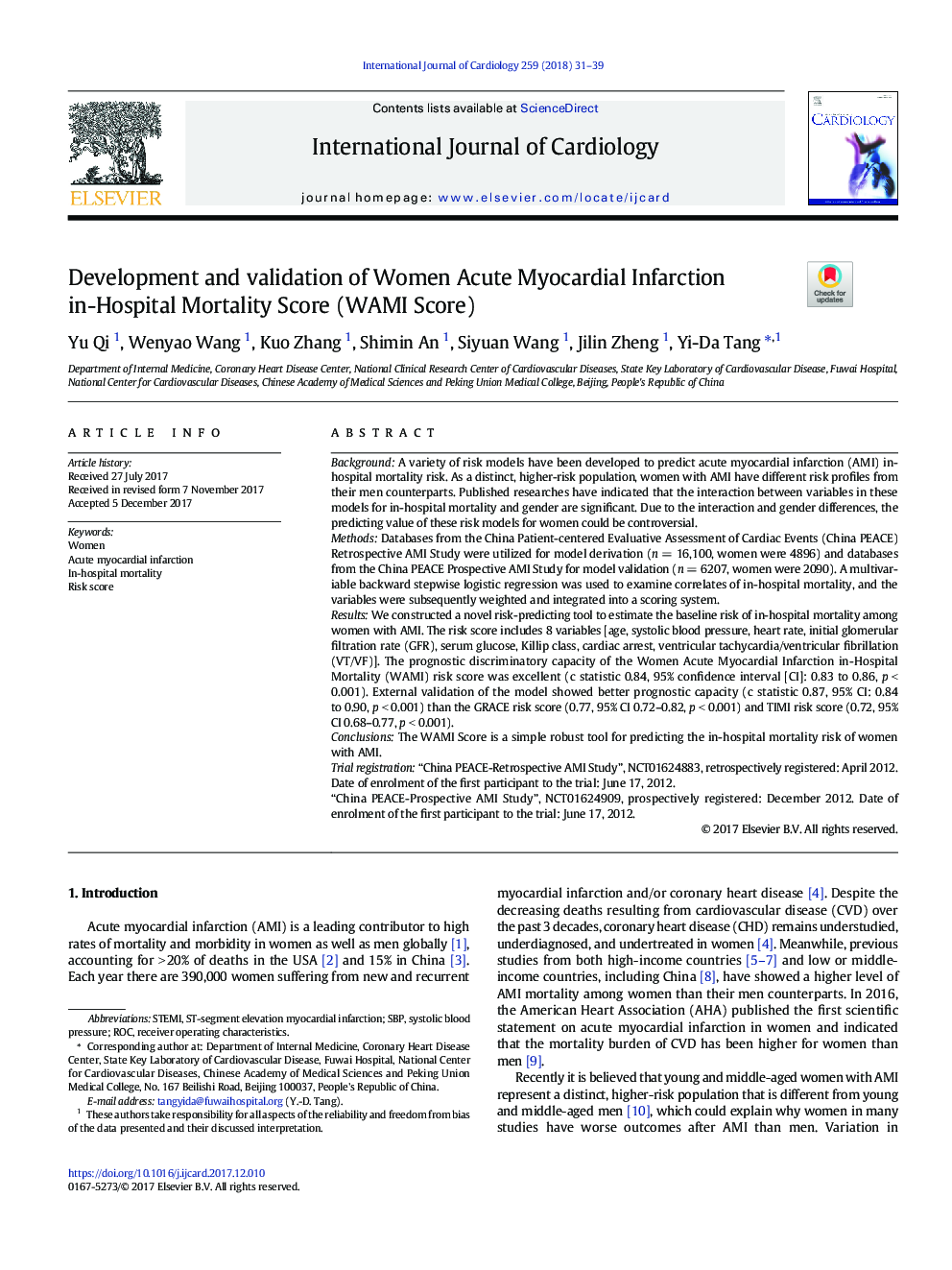 Development and validation of Women Acute Myocardial Infarction in-Hospital Mortality Score (WAMI Score)