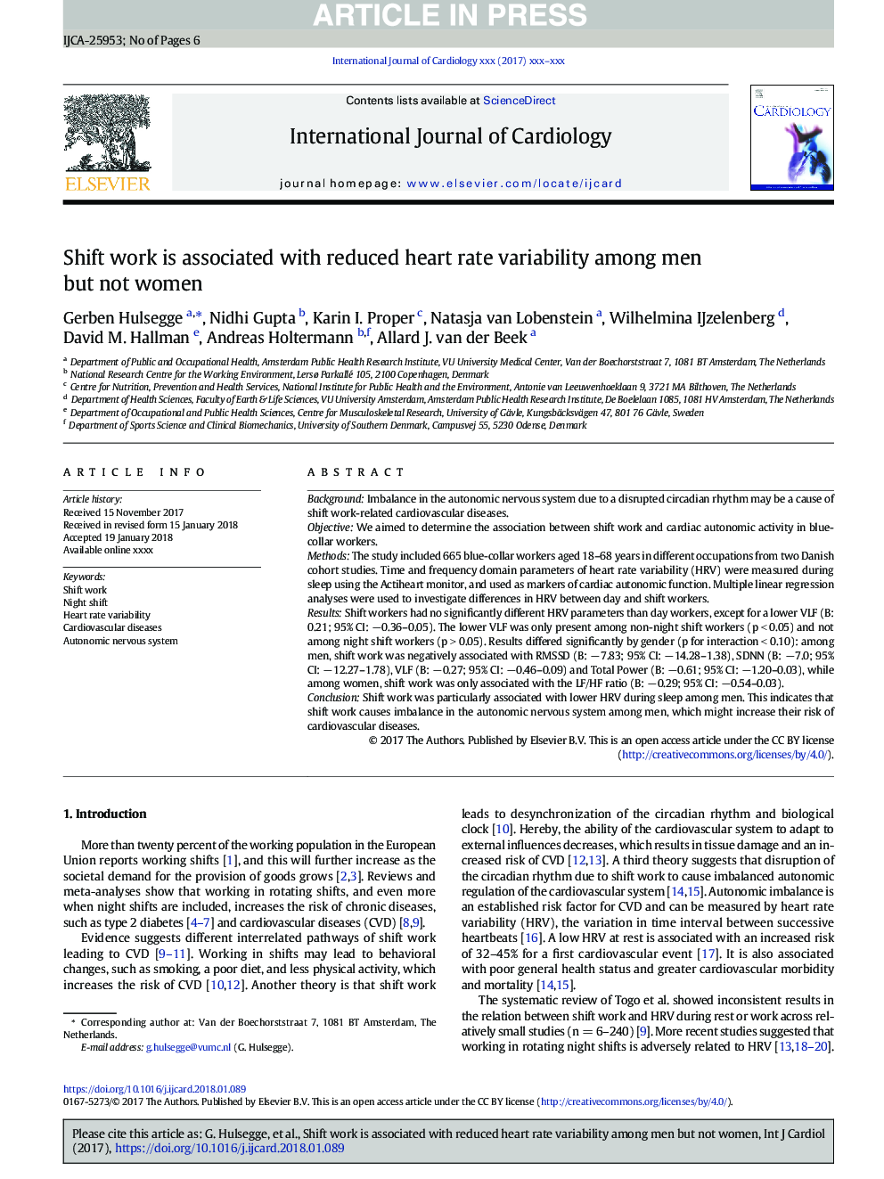 Shift work is associated with reduced heart rate variability among men but not women