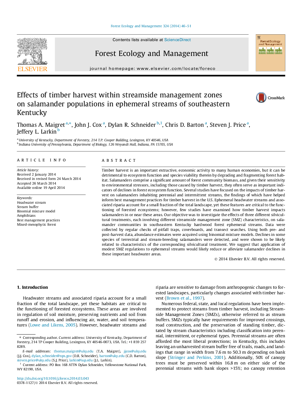 Effects of timber harvest within streamside management zones on salamander populations in ephemeral streams of southeastern Kentucky