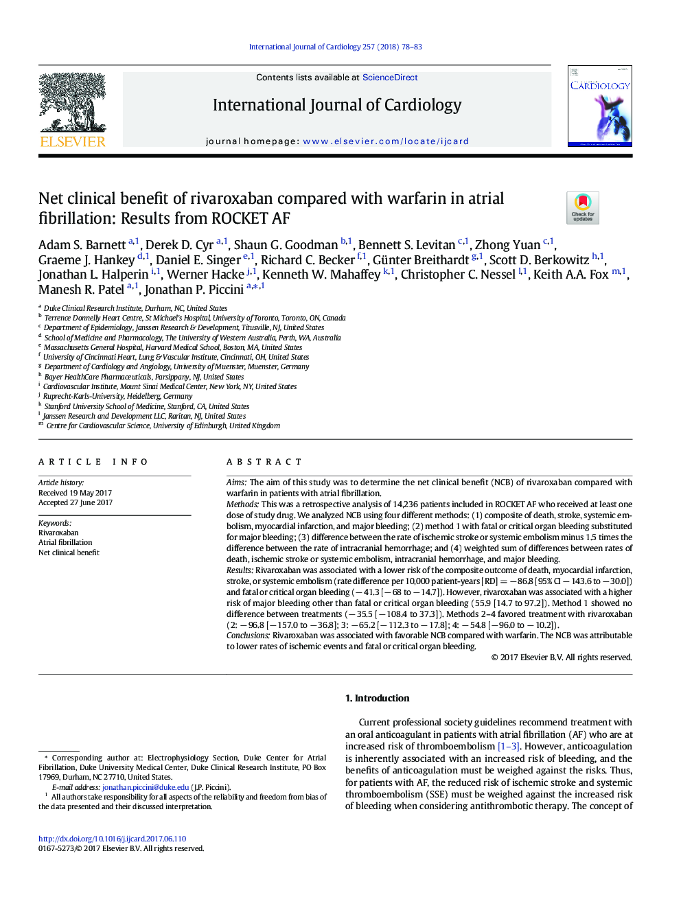 عکس صفحه اول مقاله: Net clinical benefit of rivaroxaban compared with warfarin in atrial fibrillation: Results from ROCKET AF Net clinical benefit of rivaroxaban compared with warfarin in atrial fibrillation: Results from ROCKET AF