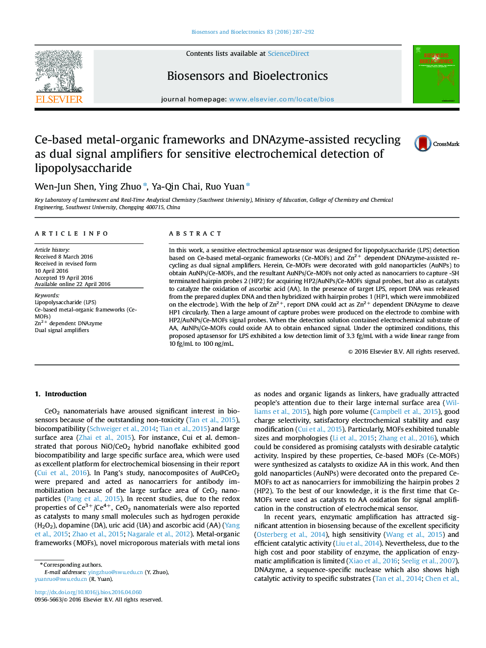 Ce-based metal-organic frameworks and DNAzyme-assisted recycling as dual signal amplifiers for sensitive electrochemical detection of lipopolysaccharide