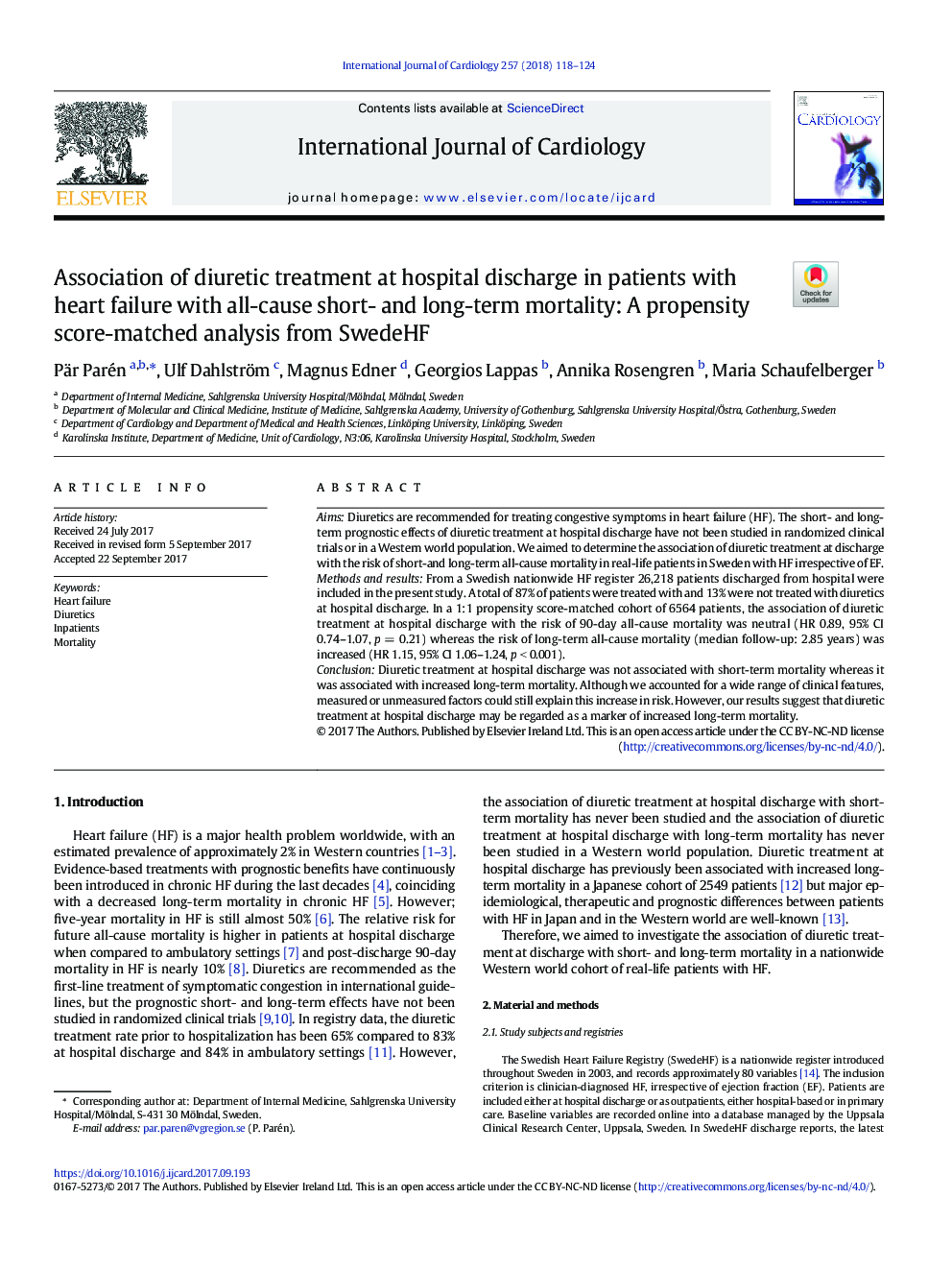 Association of diuretic treatment at hospital discharge in patients with heart failure with all-cause short- and long-term mortality: A propensity score-matched analysis from SwedeHF