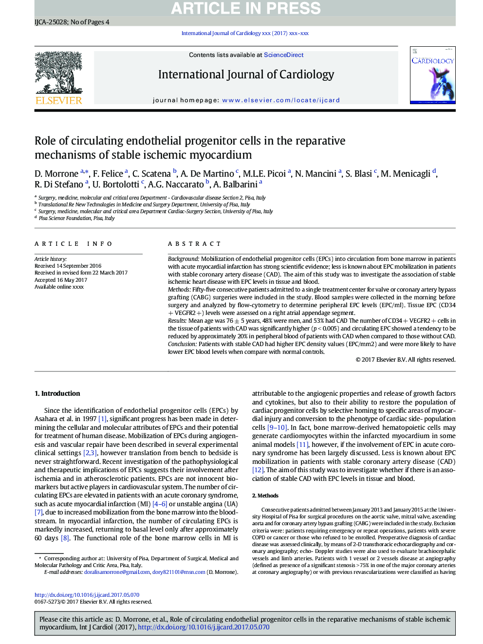 Role of circulating endothelial progenitor cells in the reparative mechanisms of stable ischemic myocardium