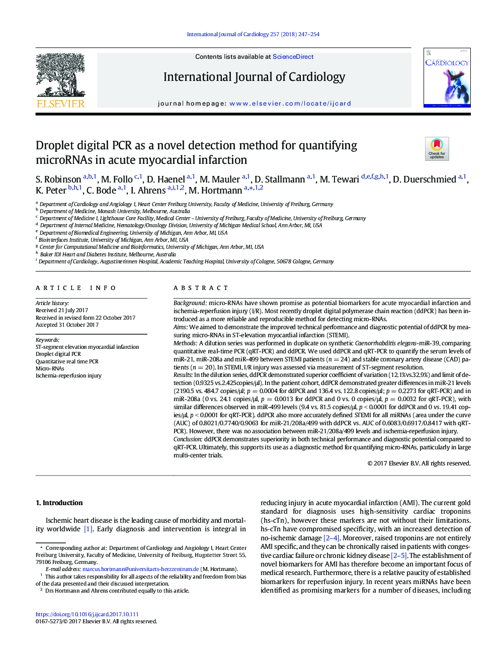 Droplet digital PCR as a novel detection method for quantifying microRNAs in acute myocardial infarction