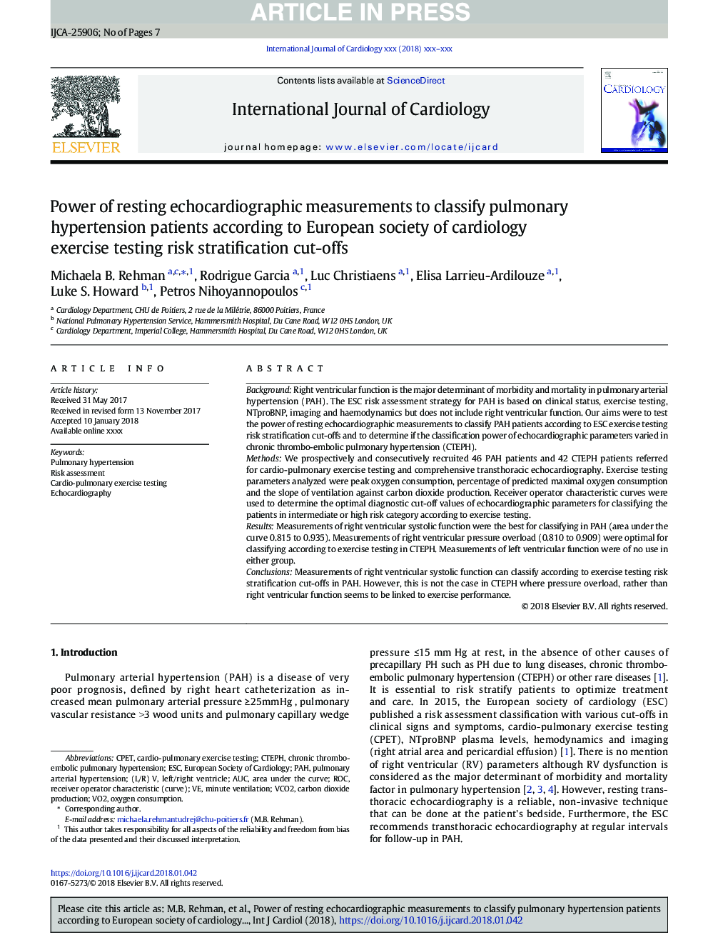 Power of resting echocardiographic measurements to classify pulmonary hypertension patients according to European society of cardiology exercise testing risk stratification cut-offs