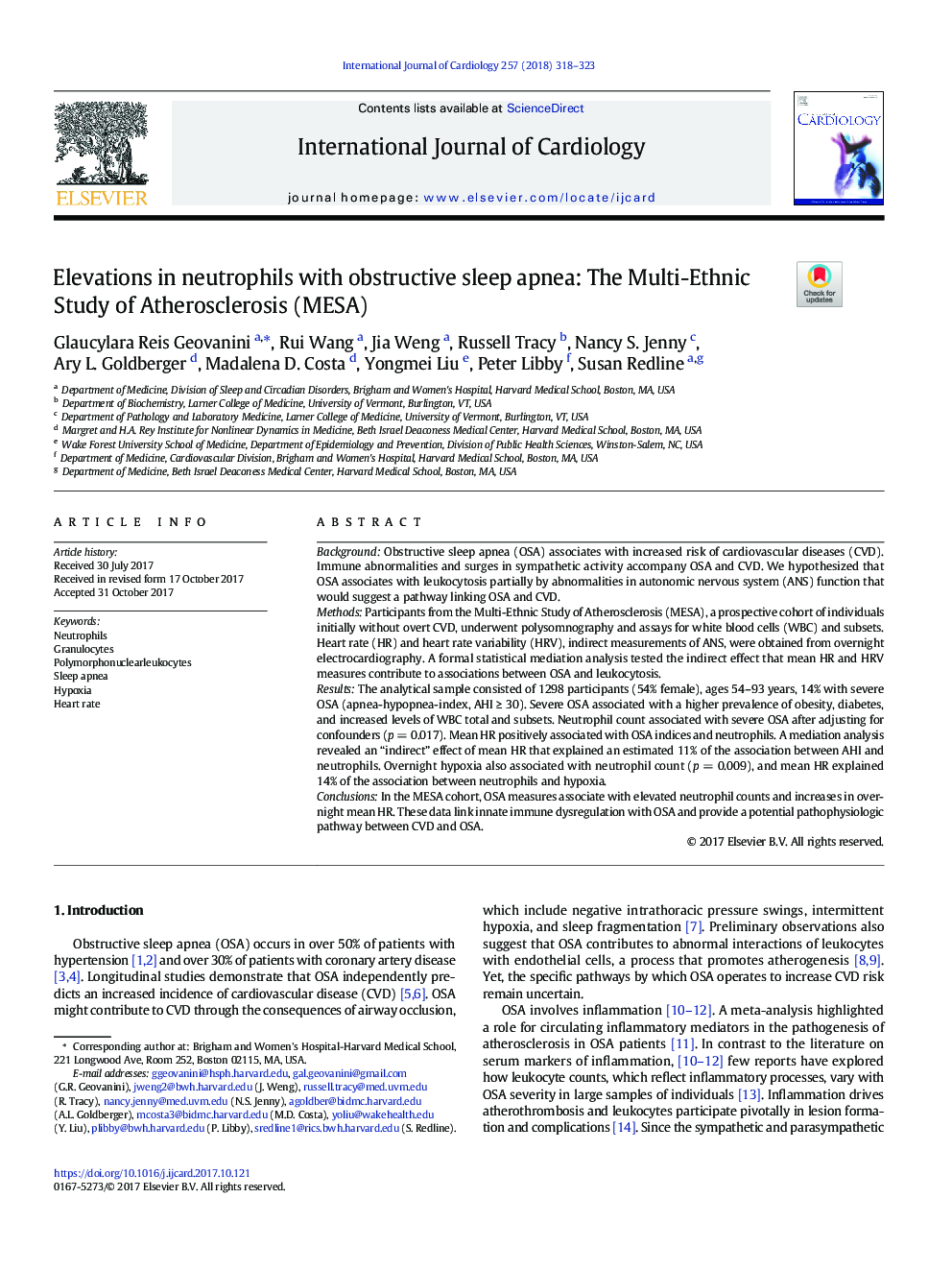 Elevations in neutrophils with obstructive sleep apnea: The Multi-Ethnic Study of Atherosclerosis (MESA)