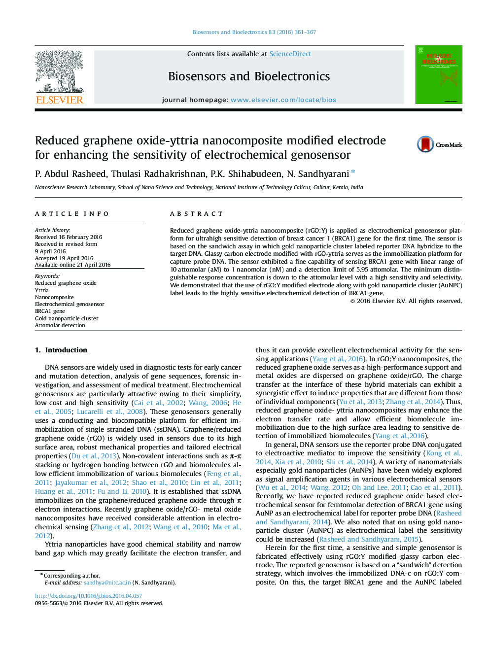 Reduced graphene oxide-yttria nanocomposite modified electrode for enhancing the sensitivity of electrochemical genosensor