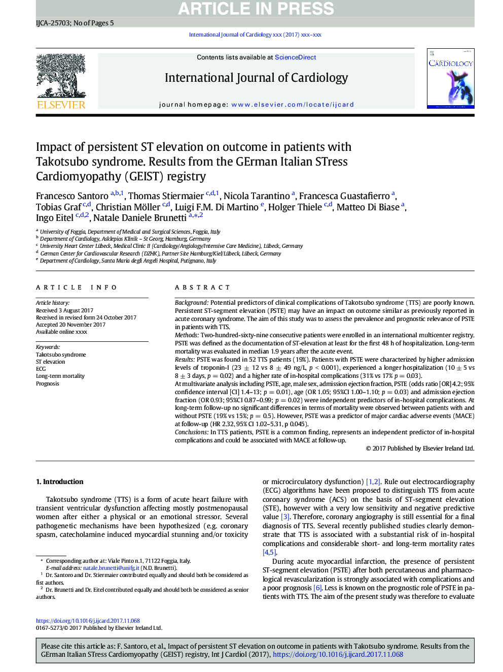 Impact of persistent ST elevation on outcome in patients with Takotsubo syndrome. Results from the GErman Italian STress Cardiomyopathy (GEIST) registry