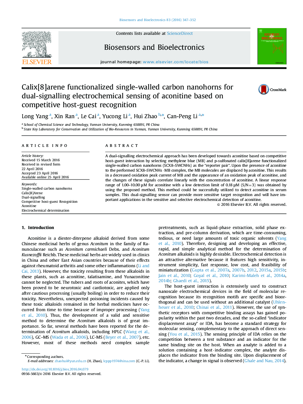 Calix[8]arene functionalized single-walled carbon nanohorns for dual-signalling electrochemical sensing of aconitine based on competitive host-guest recognition