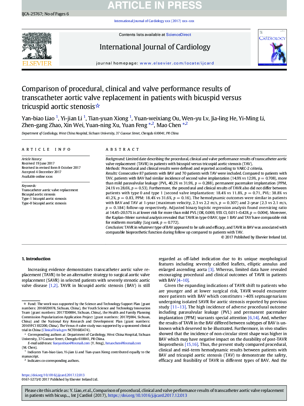 Comparison of procedural, clinical and valve performance results of transcatheter aortic valve replacement in patients with bicuspid versus tricuspid aortic stenosis